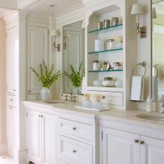 Bathroom Features Elegant Dual Vanity & Storage Shelves