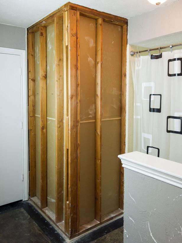 Begin by removing the existing drywall from the area to be covered. Cut the plywood into three 16” strips that are 8’ long. Note: most home improvement stores will tackle this step for you and save you lots of time and trouble.