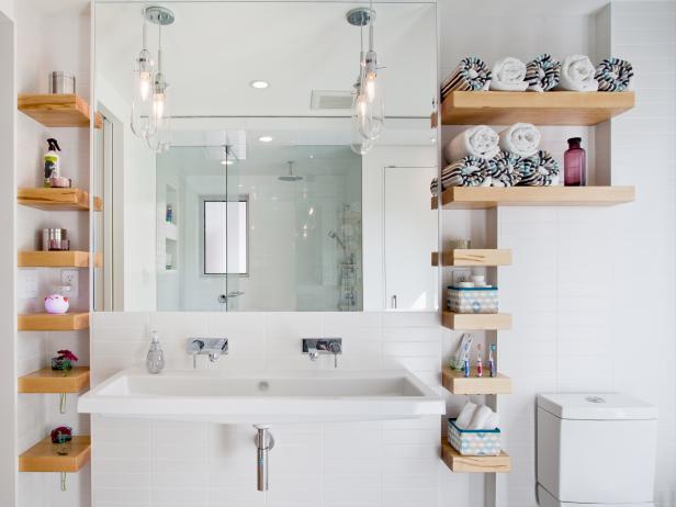 41 Clever Bathroom Storage Ideas, How To Hide Open Shelves In Bathroom