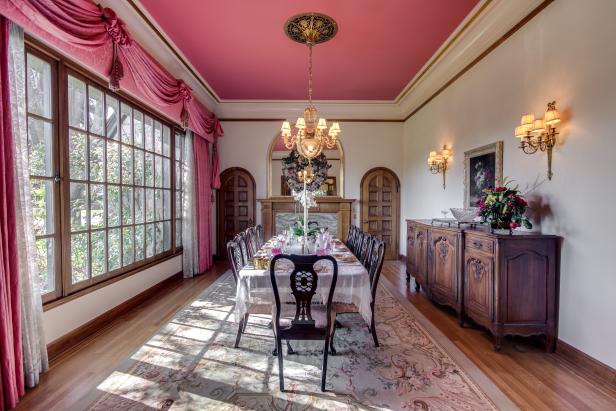 Traditional Formal Dining Room With Pink Curtains & Pink Tray Ceiling
