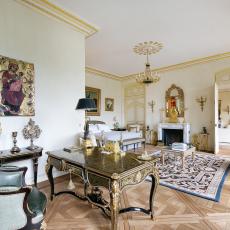 Gorgeous Gold Desk in Luxurious Parisian Master Bedroom Office Nook With Victorian Design 
