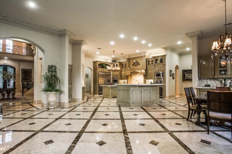 Open Concept Kitchen and Dining Area With Diamond Pattern Marble Floor