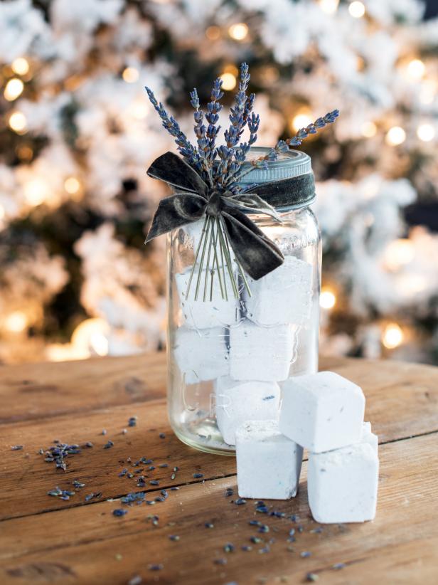Give the gift of luxury with these homemade lavender bath fizzies. Put them in a pretty glass jar with a custom tag to make them even more special.