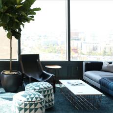 Blue Midcentury Modern Living Room With Ottomans