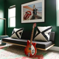 Green Eclectic Living Room With Electric Guitar