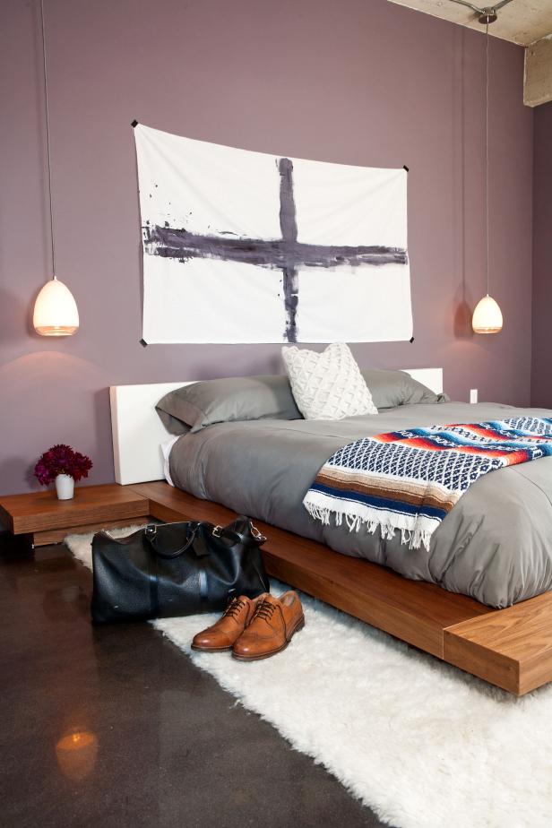 Purple Modern Bedroom With Platform Bed and a Masculine Vibe