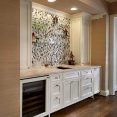 Traditional Kitchen Bar with Built-In Wine Cooler and Mosaic Tile Backsplash