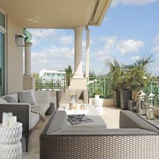 Stylish Patio Features Contemporary Wicker Furniture & Textured End Tables