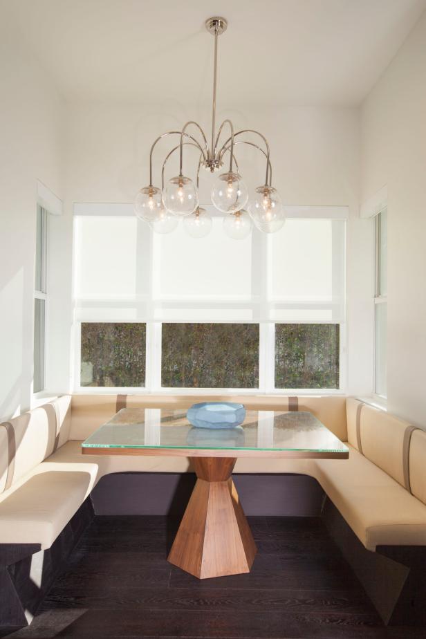 Neutral Dining Nook With Chandelier, Table & Built-In Banquette