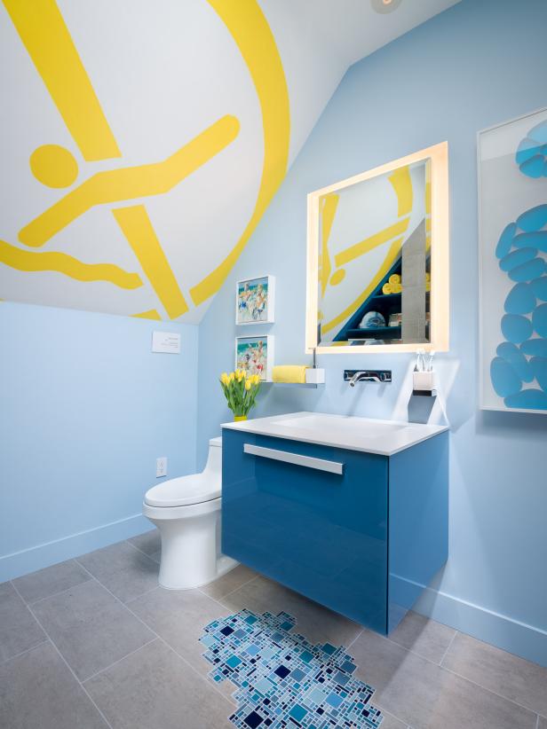 Blue and Yellow Bathroom With Floating Vanity