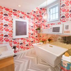 Lipstick Wallpaper Print, Brass Accents Add Girly Glam to Bathroom