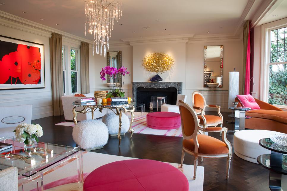 Living Room With Bold Pink and Orange Furniture