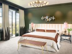 Hunter Green Master Bedroom With Cream Headboard and Bedding