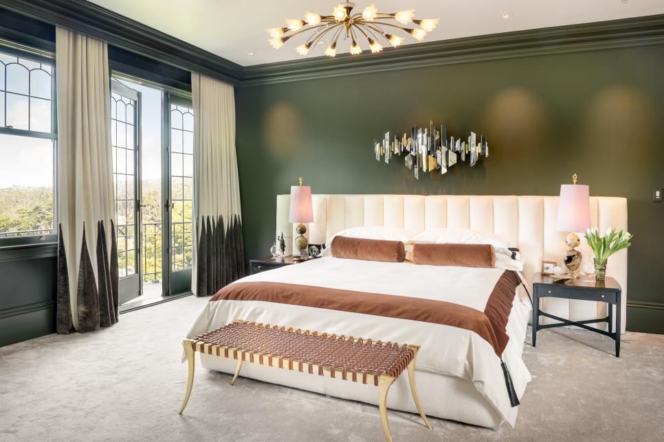Hunter Green Master Bedroom With Cream Headboard and Bedding