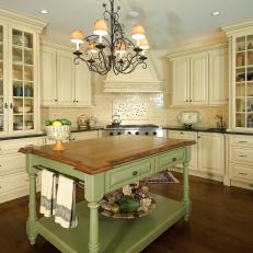 Dreamy Cream Kitchen Features Lovely Green Island