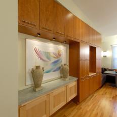 Warm Wood Cabinets & Artwork in Modern Kitchen