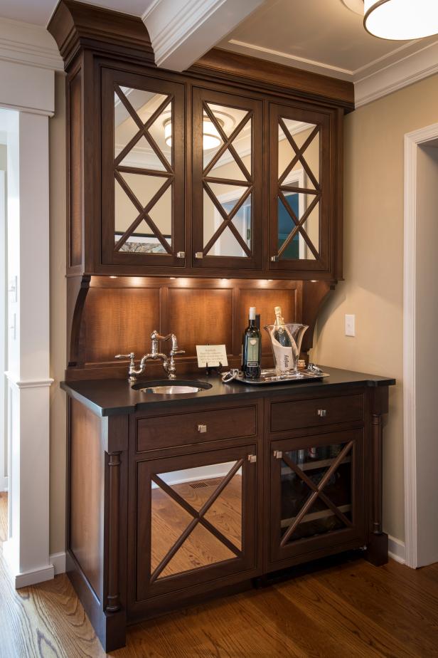 Classy Wet Bar Features Mirrored Cabinet Doors  HGTV