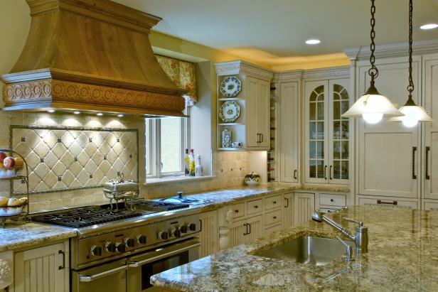 Yellow Traditional Kitchen With White Cabinets & Granite Counters