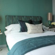 Cozy Bedroom Wows With Teal Accent Wall & Headboard