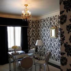 Elegant Black and White Office with Floral Wallpaper 