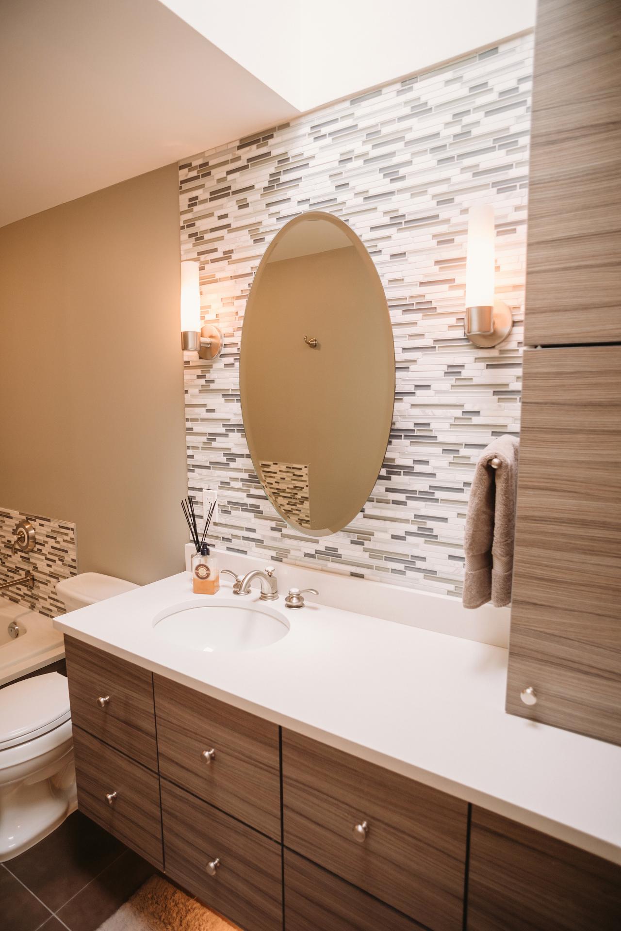 Gorgeous Contemporary Bathroom  With Glass Tile  Accent  Wall  