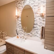 Gorgeous Contemporary Bathroom With Glass Tile Accent Wall