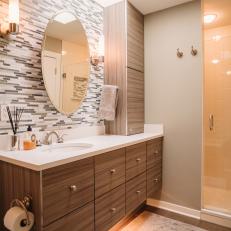 Contemporary Bathroom With Floating Woodgrain Vanity