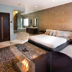 Gorgeous Mod Master Bedroom With Neural Tones & Glass Fireplace
