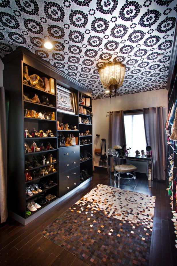 WalkIn Closet With Patterned Ceiling, Pixelated Rug and Large Shelving Units HGTV