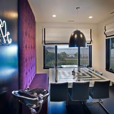 Groovy Dining Room With Purple, Tufted Bench & Striped Glass Table