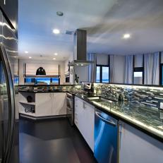 Contemporary Kitchen With Glass Tile Backsplash & Matte Black Flooring