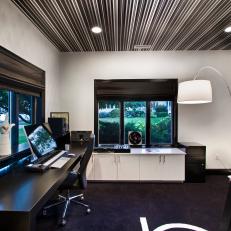 Modern Black and White Home Office With Striped Ceiling