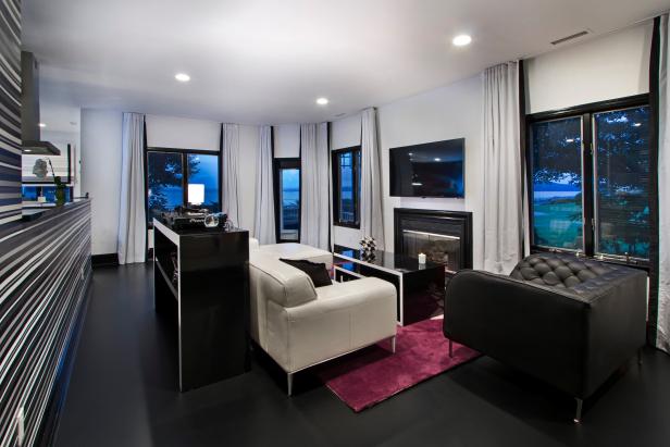 Hot Pink Accent Rug In Black And White Modern Living Room With Leather Furniture Long White Curtains And Mounted Tv Hgtv