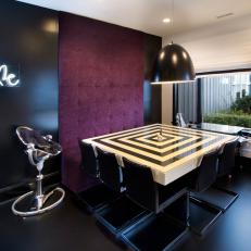 Intriguing Dining Room With Black and White Table & Tall Tufted Backrest