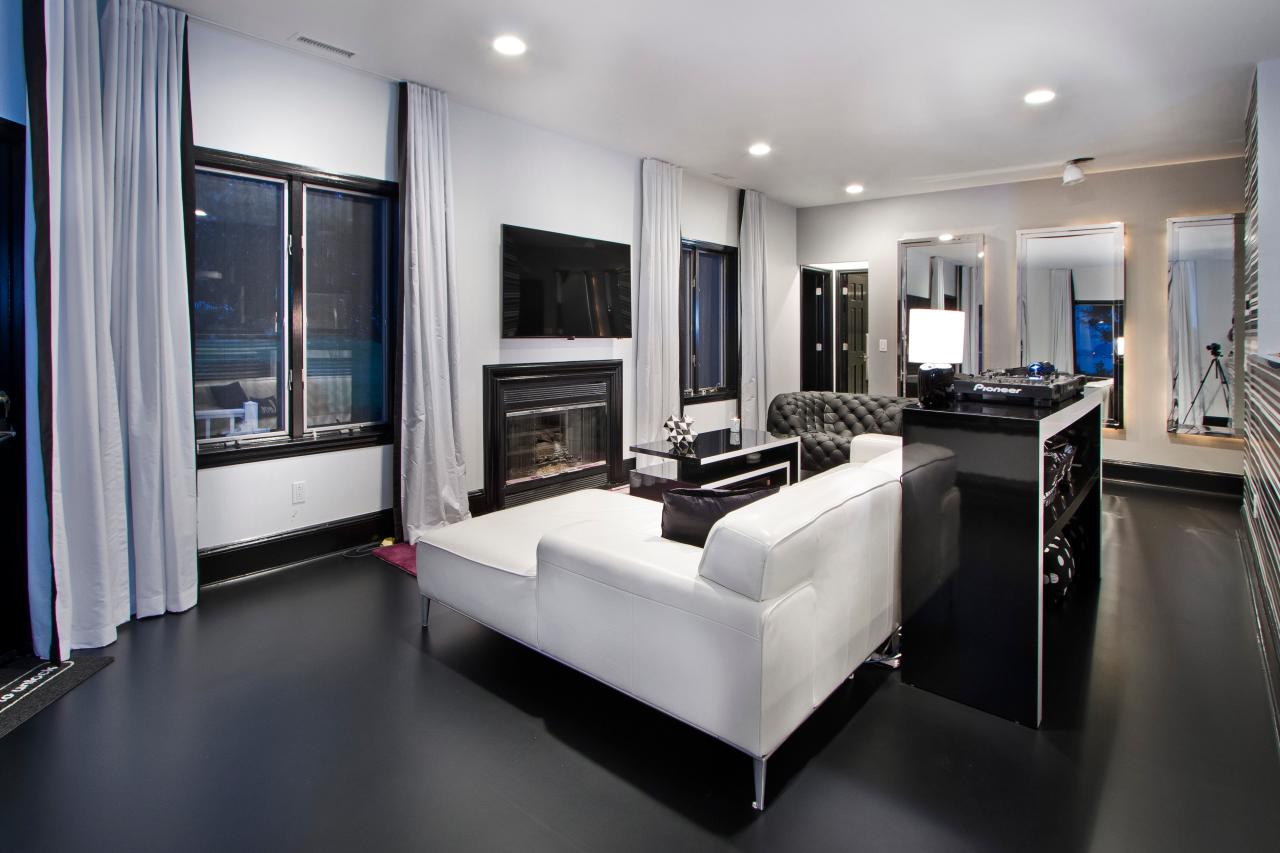 Modern Black And White Living Room Featuring White Leather