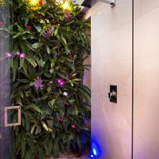 Modern Outdoor Shower With Rectangle Shower Head, Colorful Plant Wall and Unstained Hardwood Floor 