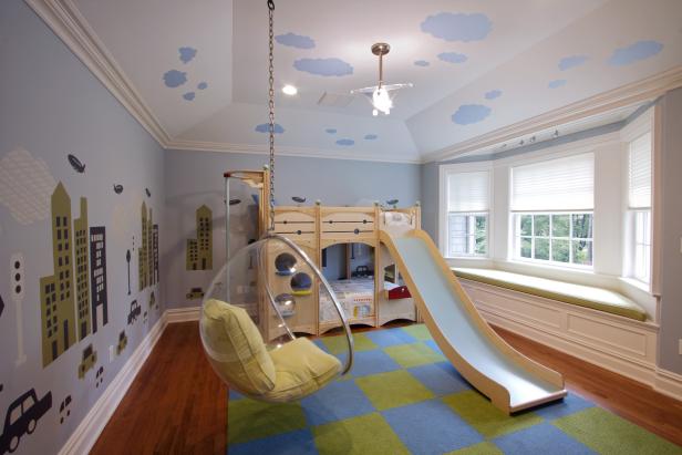 Contemporary Blue Kid's Room With City Mural and Hanging Chair 