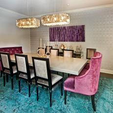 Transitional Dining Room With Vibrant Turquoise Rug
