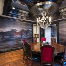 Dining Room With Running Horses Wall Decor, Circular Table With Mixed Chair Upholstery and Decorative Black Molding Ceiling