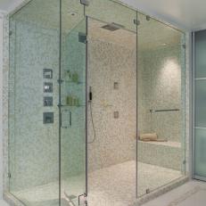 Glass Walk-In Shower With Neutral Mosaic Tiles