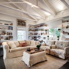 White Country Living Room With Vaulted Ceiling