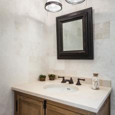 Wood Bathroom Vanity and Metal Pendant
