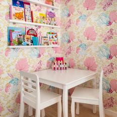 White Child's Table and Chairs and Coral Wallpaper