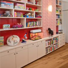 Red Accent Wall with Open Shelves