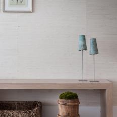 Wood Console Table and Blue Lamps