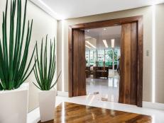 Contemporary Foyer With Houseplants, Glass and Wood Doors