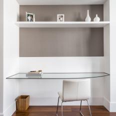 Glass Desk With White Chair and Shelves