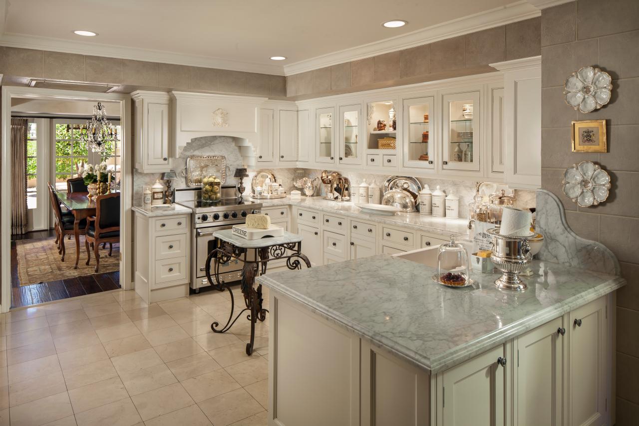 Large Country French Kitchen With Marble Countertops And Tile