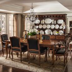 Traditional Formal Dining Room with Coffered Ceiling and Antique Welsh Dresser and China Cabinet