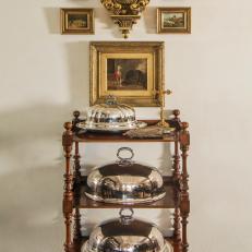 Vignette of Collectables including Antique English Dessert Trolley and Silver Meat Domes